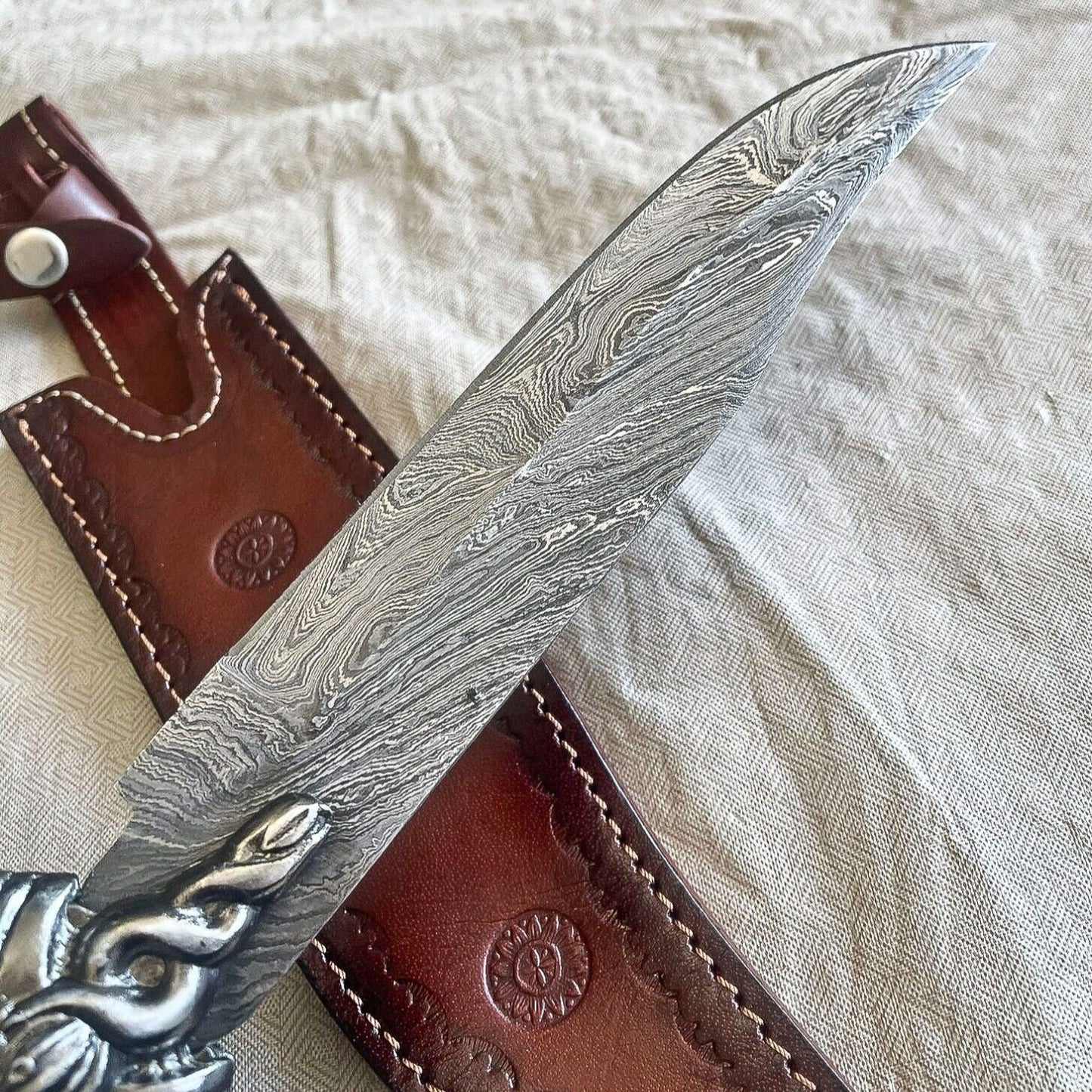 16" Handmade Damascus Steel Bowie Knife with Pewter Handle & Sheath