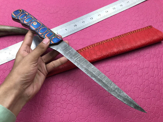 14" Handmade Damascus Fillet Knife Premium Damascus Steel Knife W/Sheath