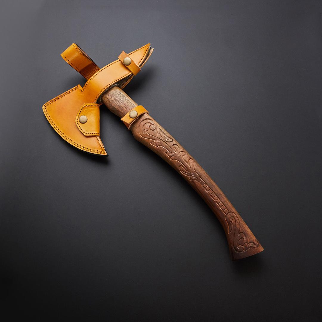 New Custom Handmade Damascus Steel Battle Axe | Hand Forged Axe With Rosewood Handle & Leather Sheath