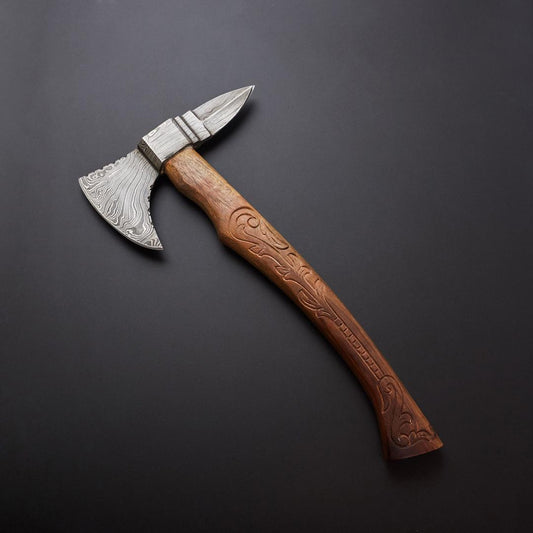 New Custom Handmade Damascus Steel Battle Axe | Hand Forged Axe With Rosewood Handle & Leather Sheath