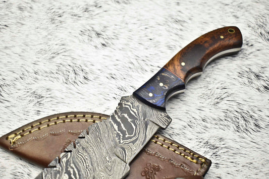 10.0" Handmade Damascus Steel Tracker Knife | Hardwood Handle & Leather Sheath