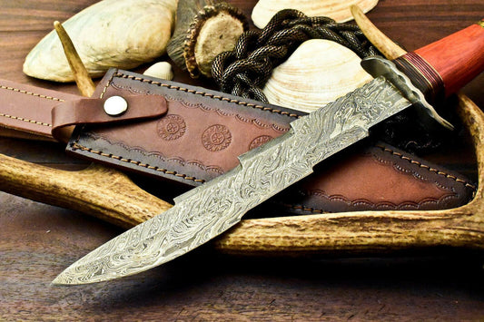 14" Damascus Kris Blade Bowie Knife – Hardwood Handle & Leather Sheath
