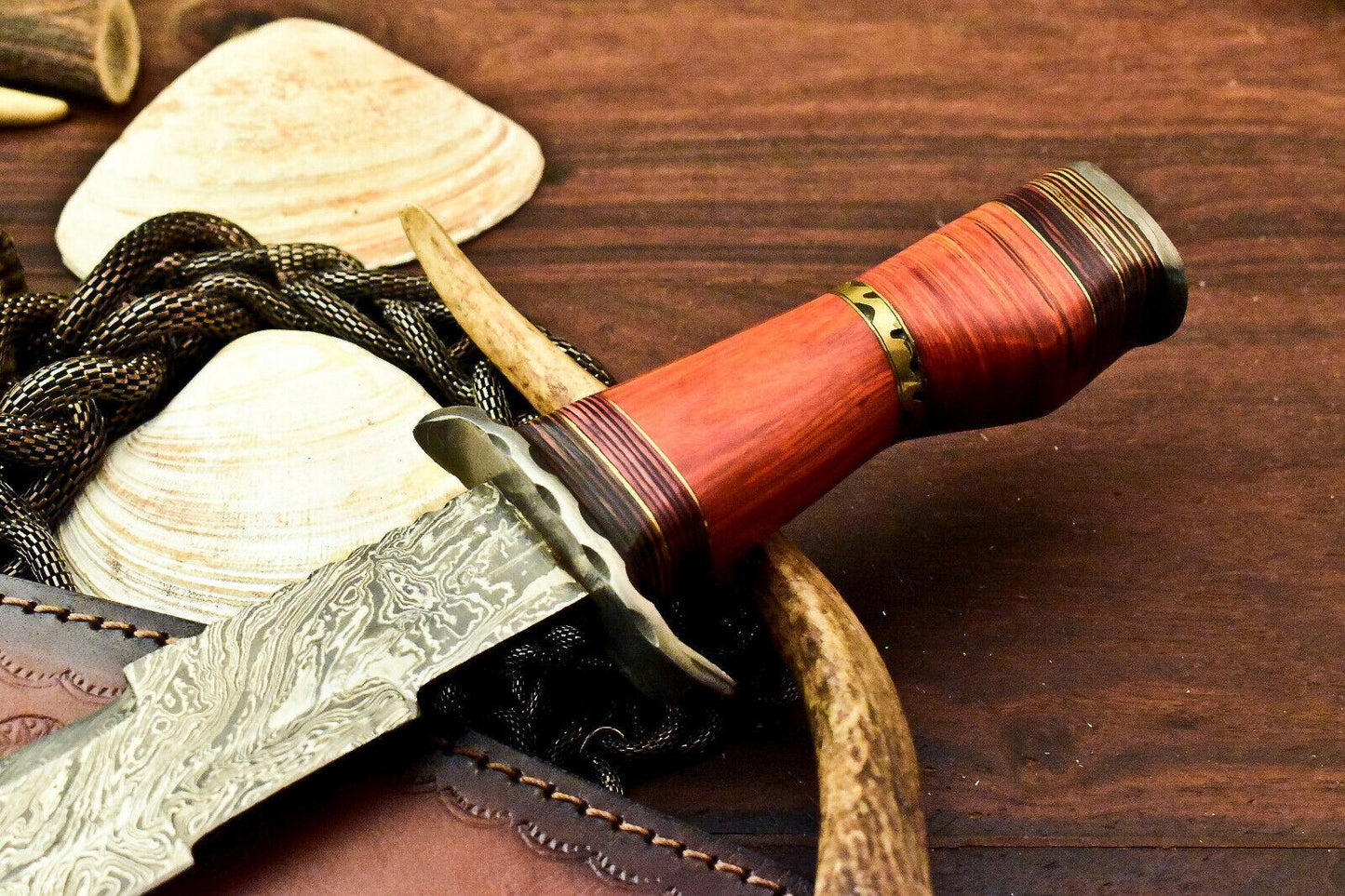 14.0" Damascus Bowie Knife Damascus Steel Knife with Hardwood Handle & Leather Sheath