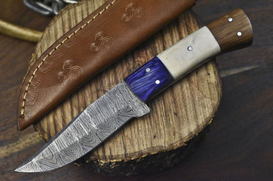 Hand Forged Twist Damascus Skinner Knife with Bone Handle for Fishing and Hunting