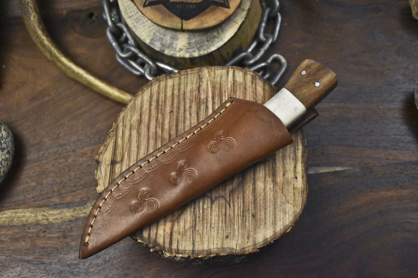 Hand Forged Twist Damascus Skinner Knife with Bone Handle for Fishing and Hunting