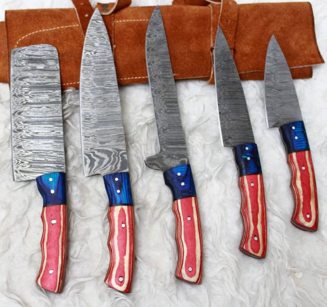 Damascus 5 PCS Chef Knife Set – Custom Handmade Kitchen Knives with Sheath