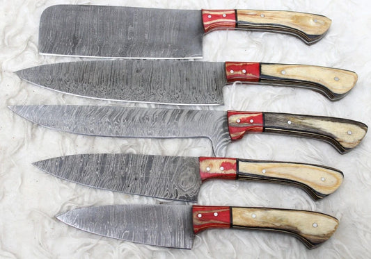 Damascus 5 PCS Chef Knife Set – Custom Handmade Kitchen Knives with Sheath