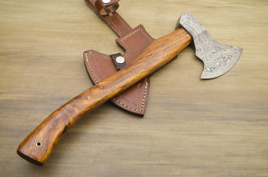 Hand Forged Damascus Tomahawk Axe with Natural Wood Handle 14 Inch