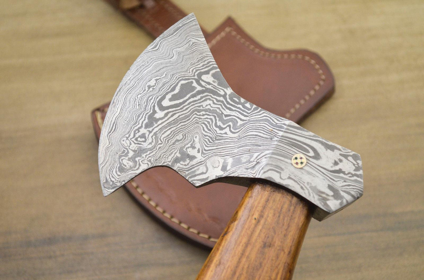 Hand Forged Damascus Tomahawk Axe with Natural Wood Handle 14 Inch