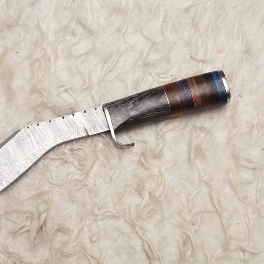 12" Handmade Damascus Kukri Bowie Knife | Hardwood Handle for Outdoor Hunting