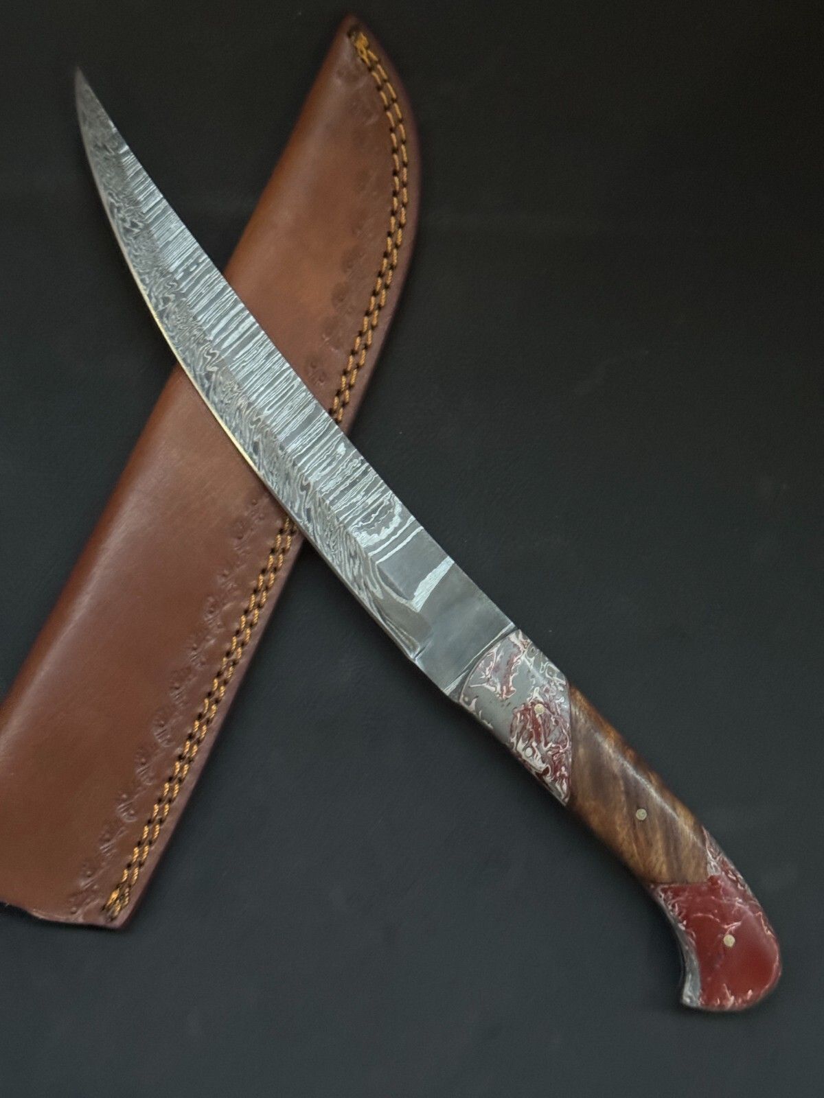 12" Handmade Damascus Fillet Knife Custom Fillet Knife with Resin & Wood Handle