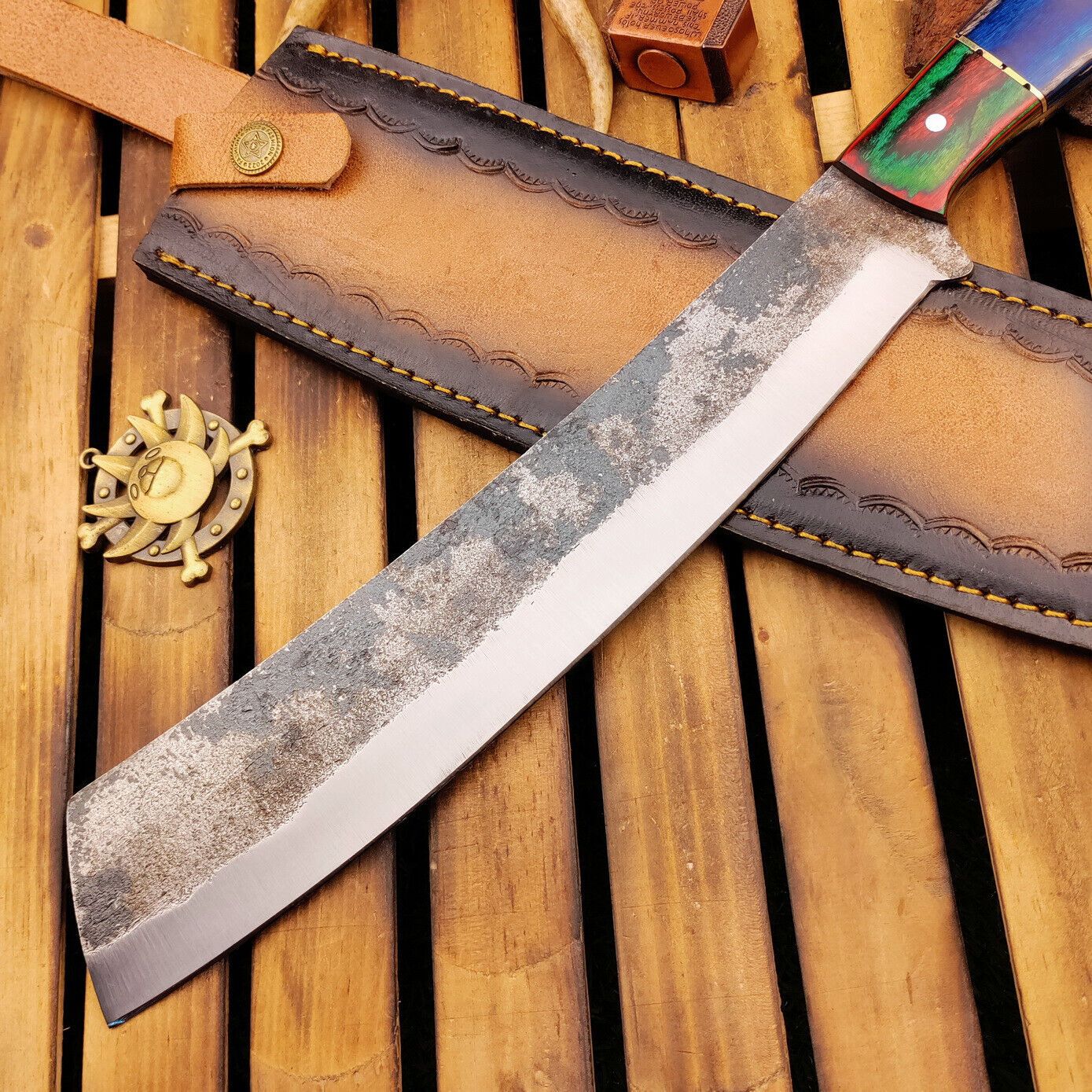 Handmade Carbon Steel Bowie Knife – Wood Handle & Leather Sheath (15")