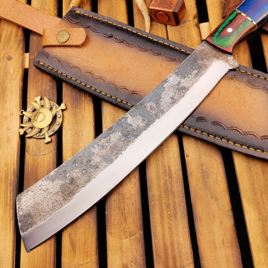Handmade Carbon Steel Bowie Knife – Wood Handle & Leather Sheath (15")