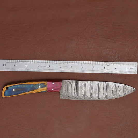 Handmade Damascus Steel 7" Fillet Chef Knife with Pakka Wood Handle & Leather Sheath