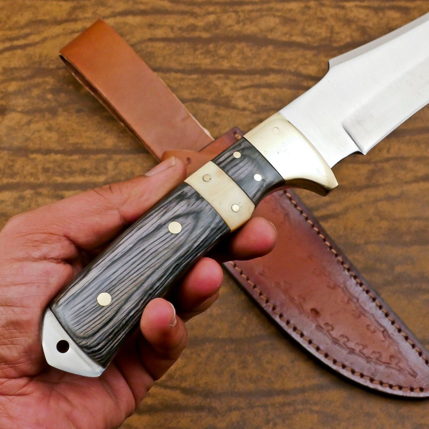 Handmade 12 Inch D2 Steel Full Tang Bowie Hunting Knife – Bone & Wood Handle