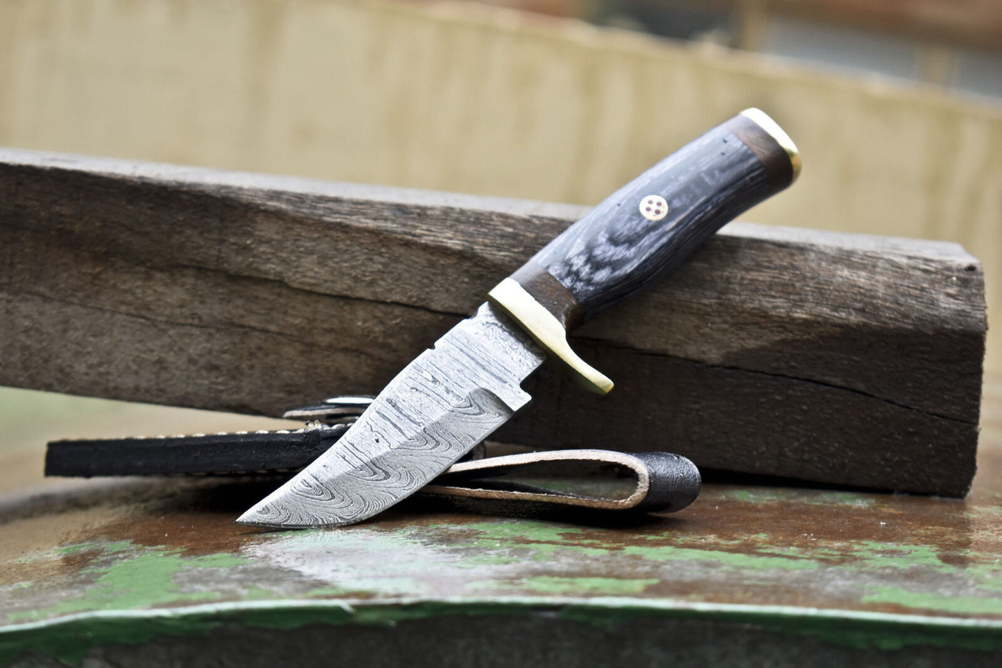 Forged Skinner Knife Damascus Ash Wood Brass Guard Military Collectible w/ Leather Sheath