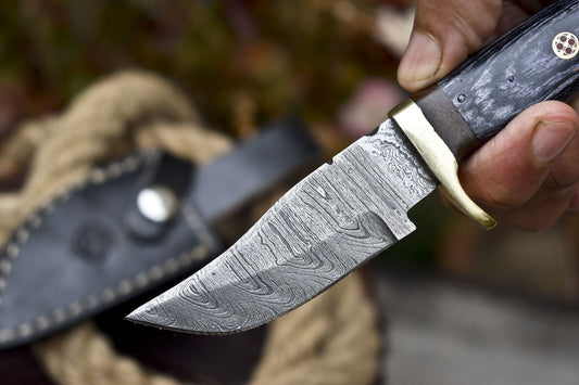 Forged Skinner Knife Damascus Ash Wood Brass Guard Military Collectible w/ Leather Sheath