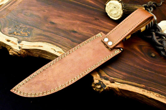 13" Handmade Damascus Steel Bowie Knife with Camel Bone Handle