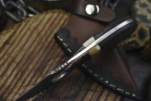 Custom Twist Damascus Skinner Knife with Bone and Wood Handle for Camping and Hunting