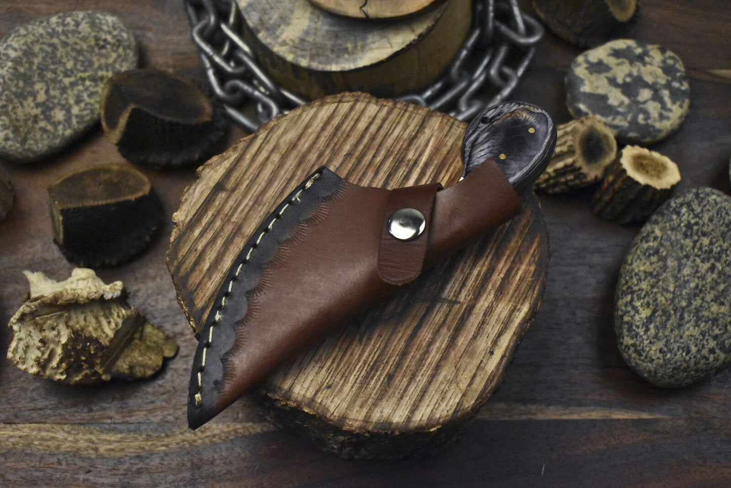 Custom Twist Damascus Skinner Knife with Bone and Wood Handle for Camping and Hunting