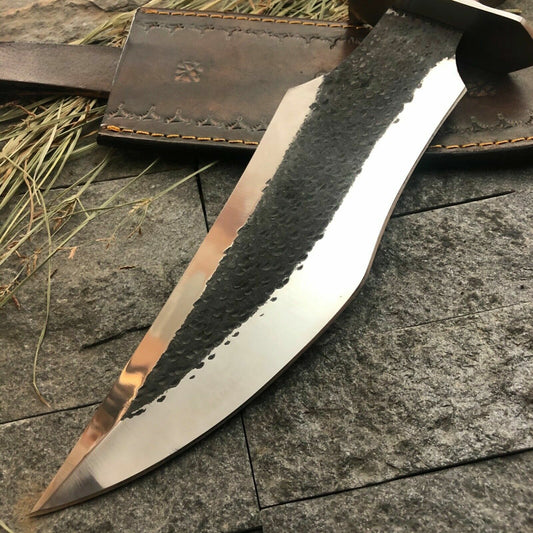 Custom D2 Steel Full Tang Bowie Knife with Wood Handle and Leather Sheath
