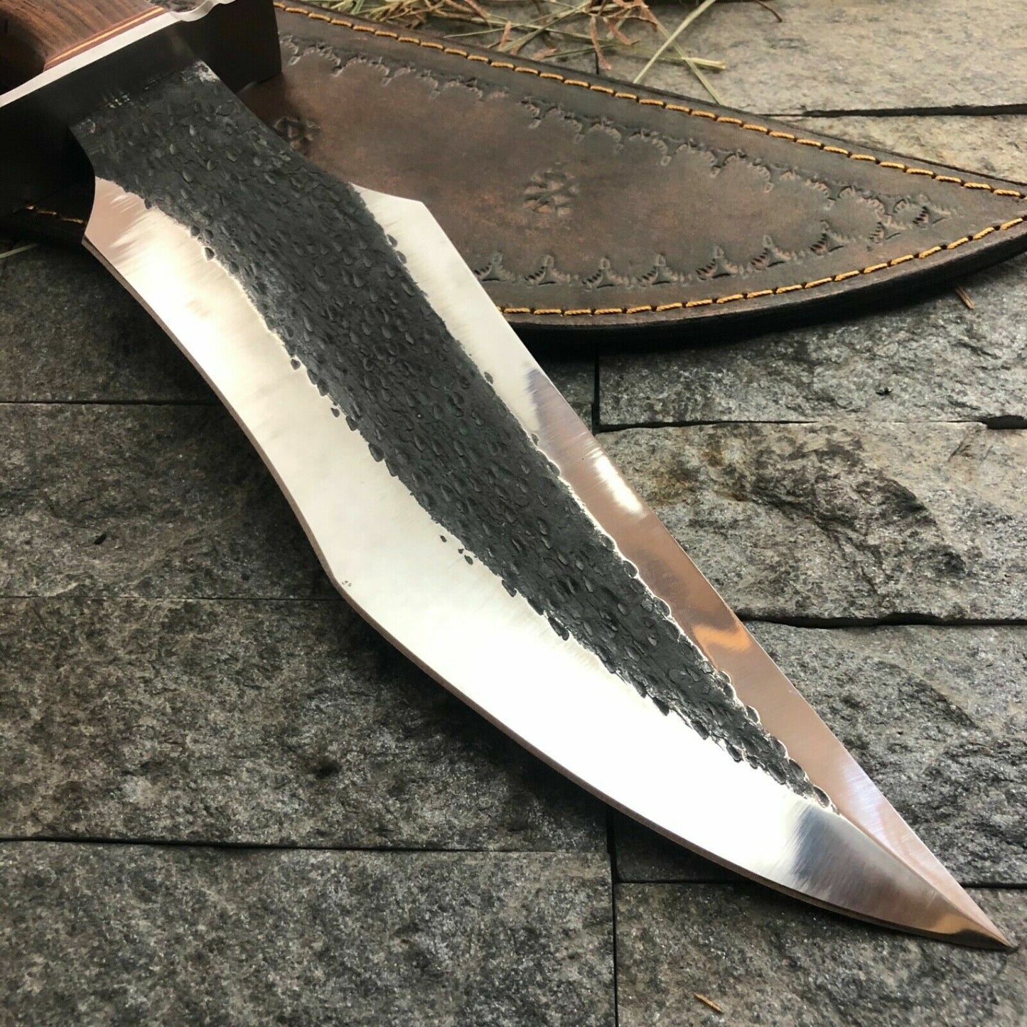 Custom D2 Steel Full Tang Bowie Knife with Wood Handle and Leather Sheath