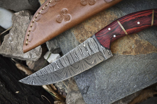 Twist Damascus Skinner Knife with Hardwood Handle – Handmade Camping Hunting Blade