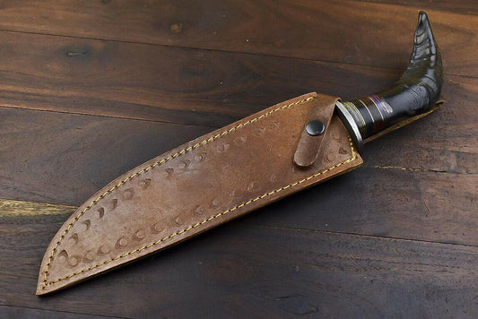 14.5" Damascus Bowie Knife – Ram's Horn Handle & Leather Sheath