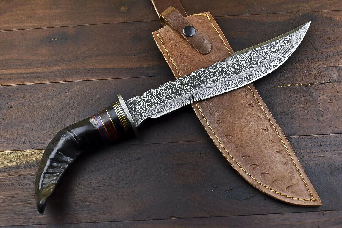 14.5" Damascus Bowie Knife – Ram's Horn Handle & Leather Sheath
