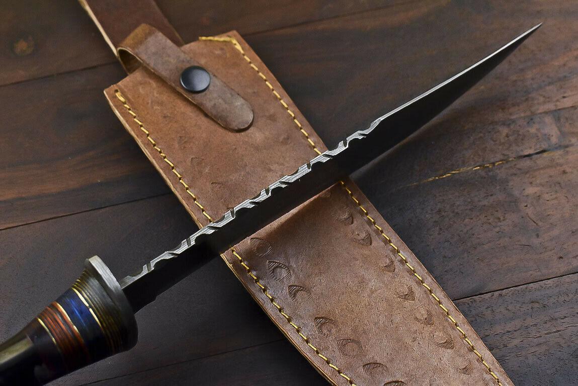 14.5" Damascus Bowie Knife – Ram's Horn Handle & Leather Sheath