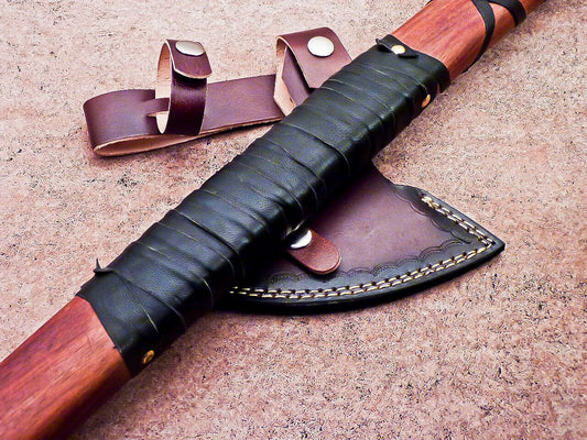 Hand Forged Carbon Steel Viking Axe 20" Bearded Hatchet Tomahawk with Natural Wood Handle and Leather Sheath