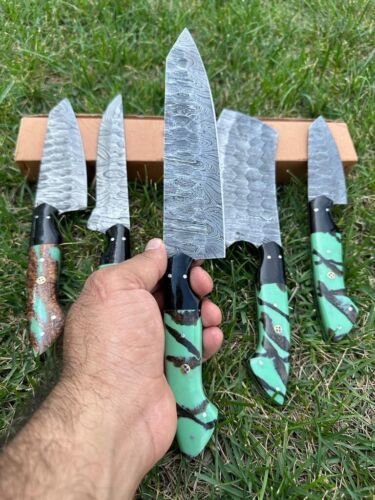 5-Piece Handmade Damascus Steel Chef Knife Set – Full Tang, Wood Handle