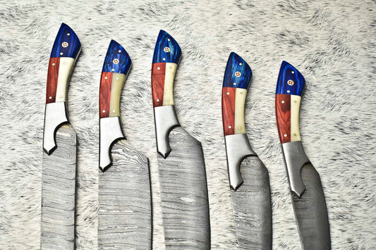 Rare Custom Lot of 5 Handmade Hammered Damascus Steel Blade Chef Knife Set – Oil Tempered 58-60 HRC, Sharpened at 20°