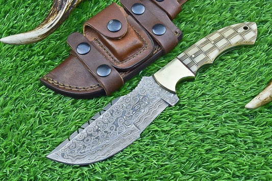 10 Inch Damascus Tracker Bowie Knife with Camel Bone Handle for Hunting and Survival