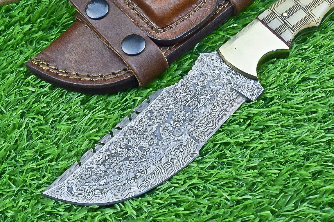 10 Inch Damascus Tracker Bowie Knife with Camel Bone Handle for Hunting and Survival