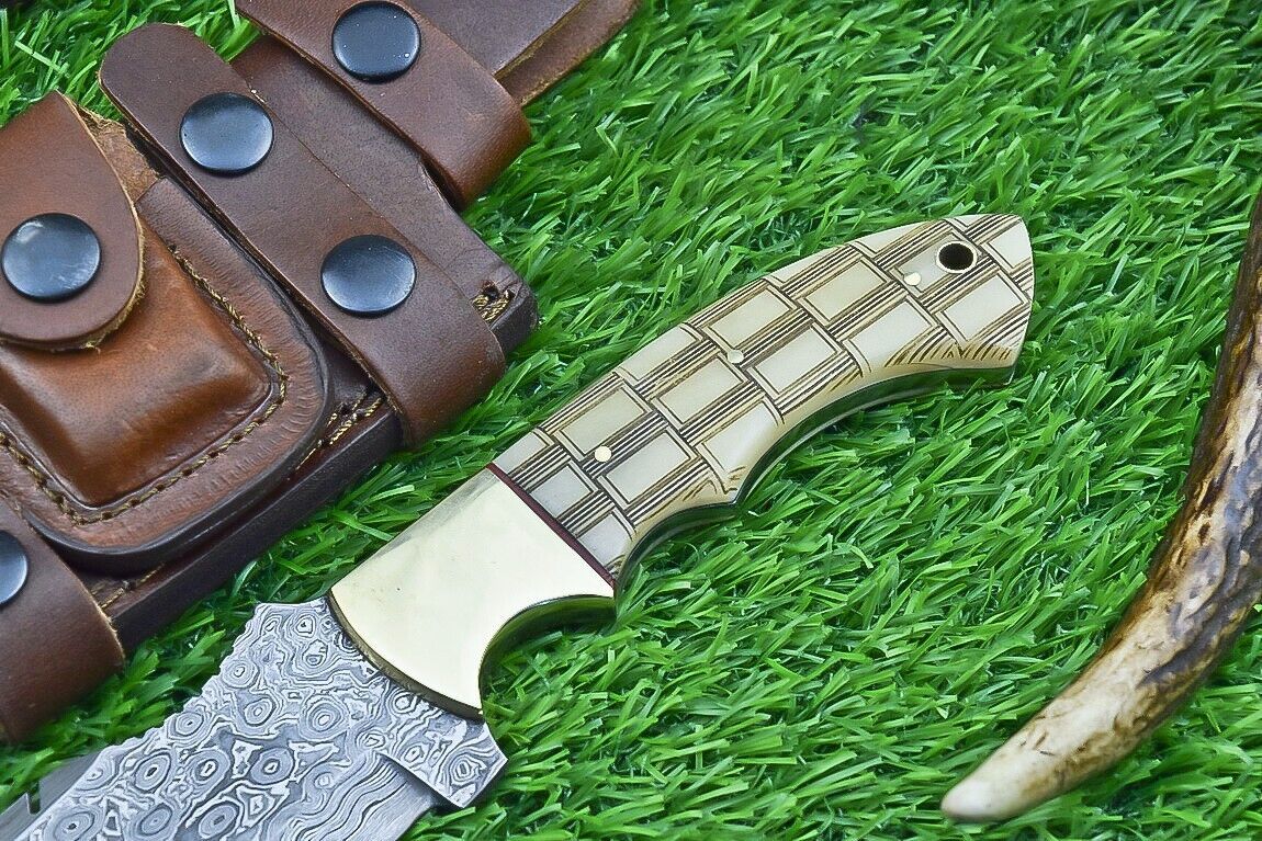 10 Inch Damascus Tracker Bowie Knife with Camel Bone Handle for Hunting and Survival