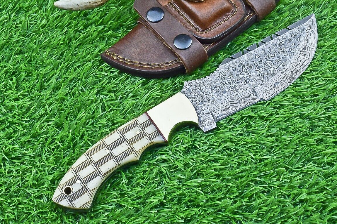 10 Inch Damascus Tracker Bowie Knife with Camel Bone Handle for Hunting and Survival
