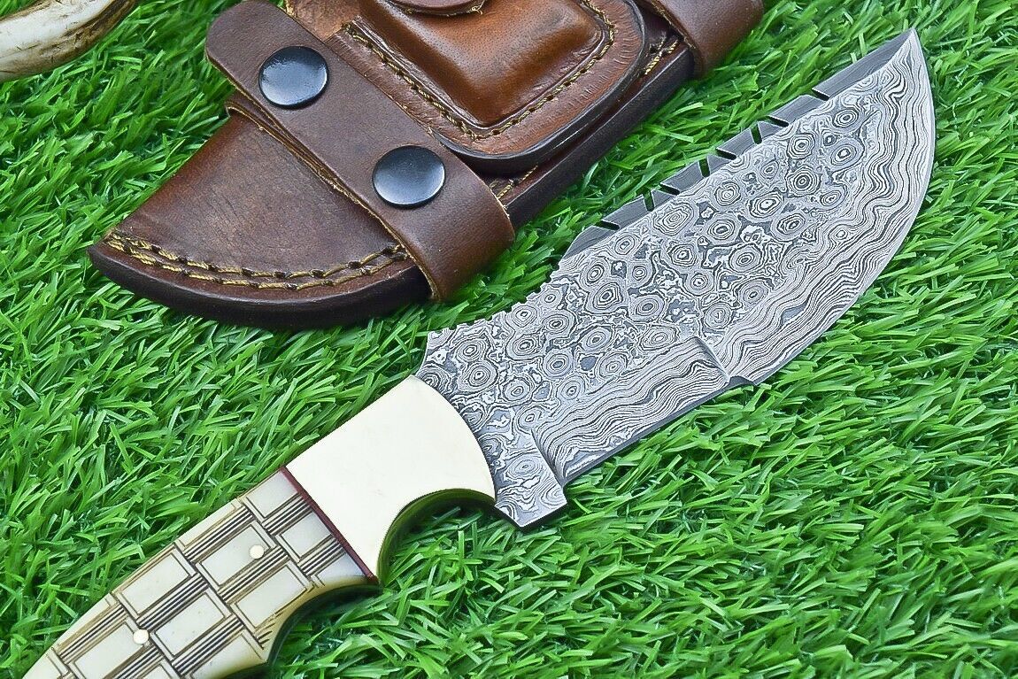 10 Inch Damascus Tracker Bowie Knife with Camel Bone Handle for Hunting and Survival