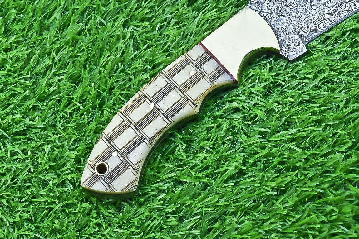 10 Inch Damascus Tracker Bowie Knife with Camel Bone Handle for Hunting and Survival
