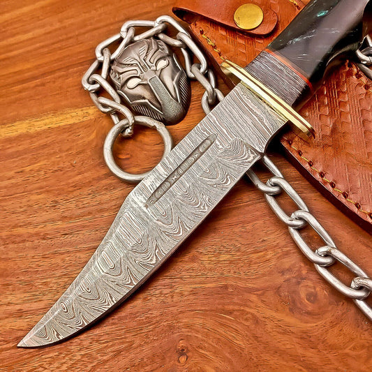 12 Inch Handmade Damascus Steel Bowie Knife with Resin Handle and Brass Bolster