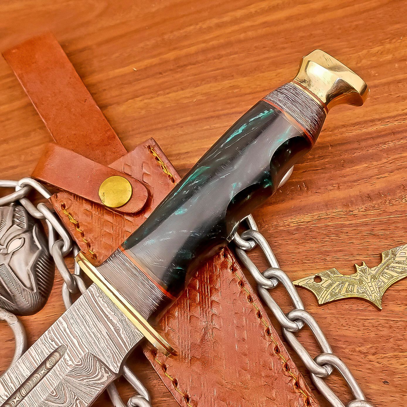 12 Inch Handmade Damascus Steel Bowie Knife with Resin Handle and Brass Bolster