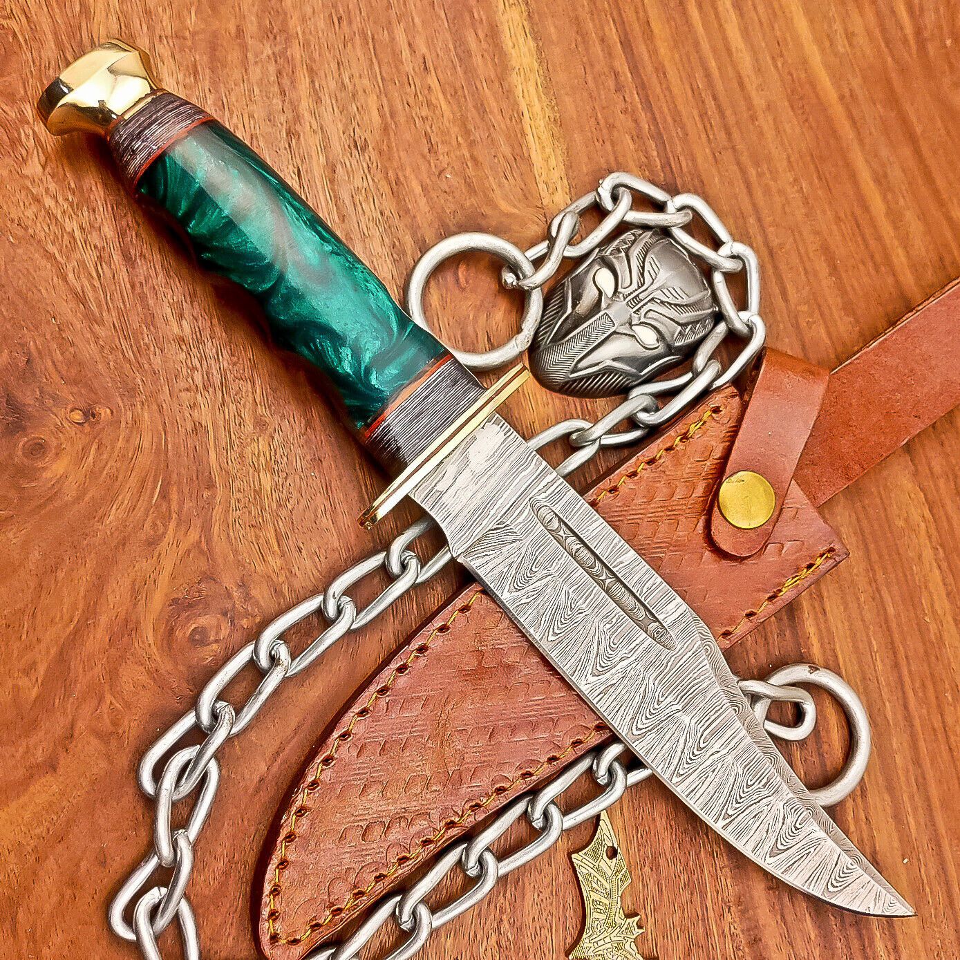 12 Inch Handmade Damascus Steel Bowie Knife with Resin Handle and Brass Bolster