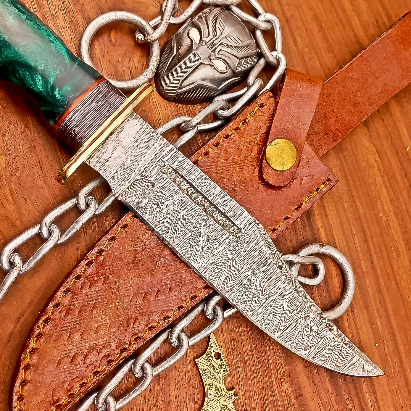 12 Inch Handmade Damascus Steel Bowie Knife with Resin Handle and Brass Bolster