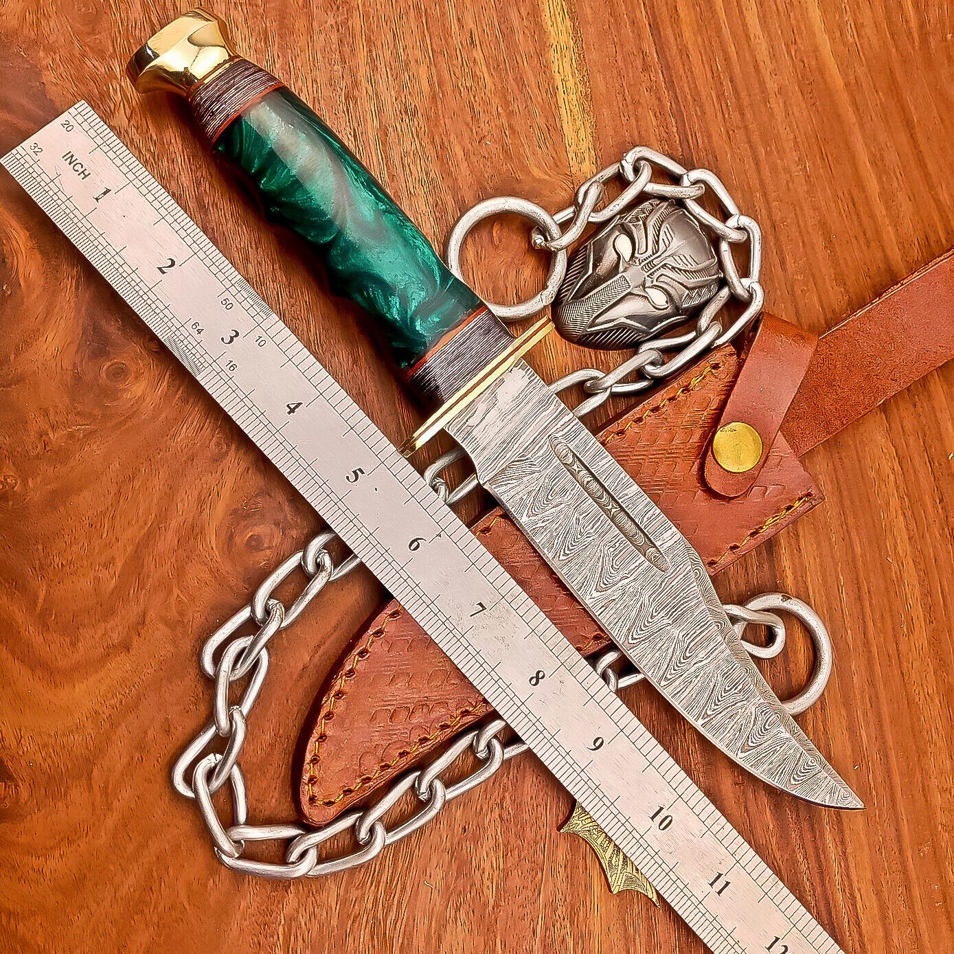 12 Inch Handmade Damascus Steel Bowie Knife with Resin Handle and Brass Bolster