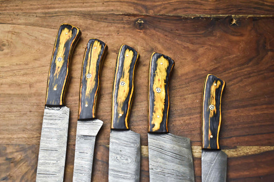 Custom Lot of 5 Handmade Damascus Steel Blade Chef Set Knives