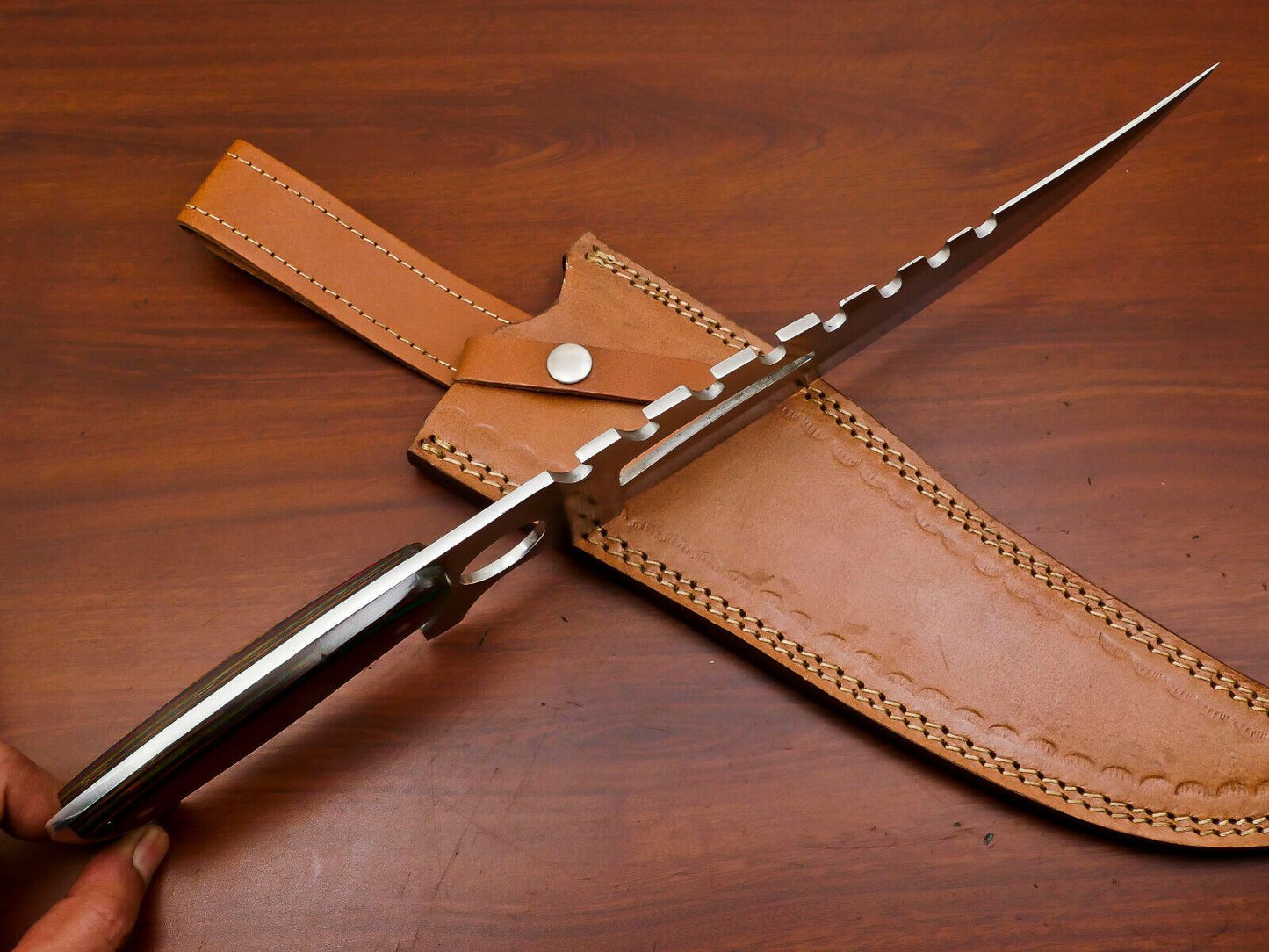 Handmade 12 Inch D2 Steel Full Tang Bowie Hunting Knife – Custom Pakka Wood Handle