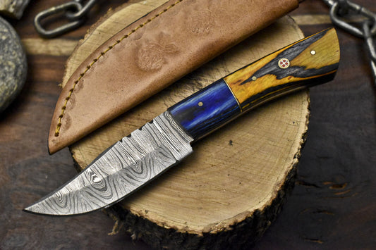 Custom Twist Damascus Skinner Knife with Hard Wood Handle & Wooden Bolster – 8 Inch Hunting Knife with Leather Sheath