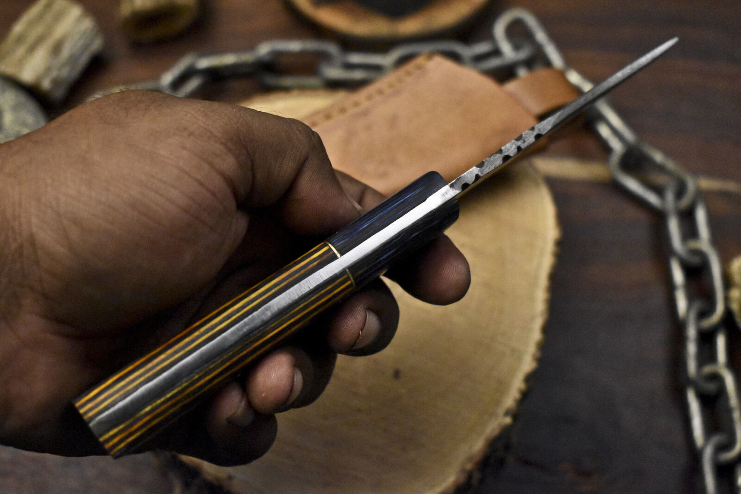 Custom Twist Damascus Skinner Knife with Hard Wood Handle & Wooden Bolster – 8 Inch Hunting Knife with Leather Sheath
