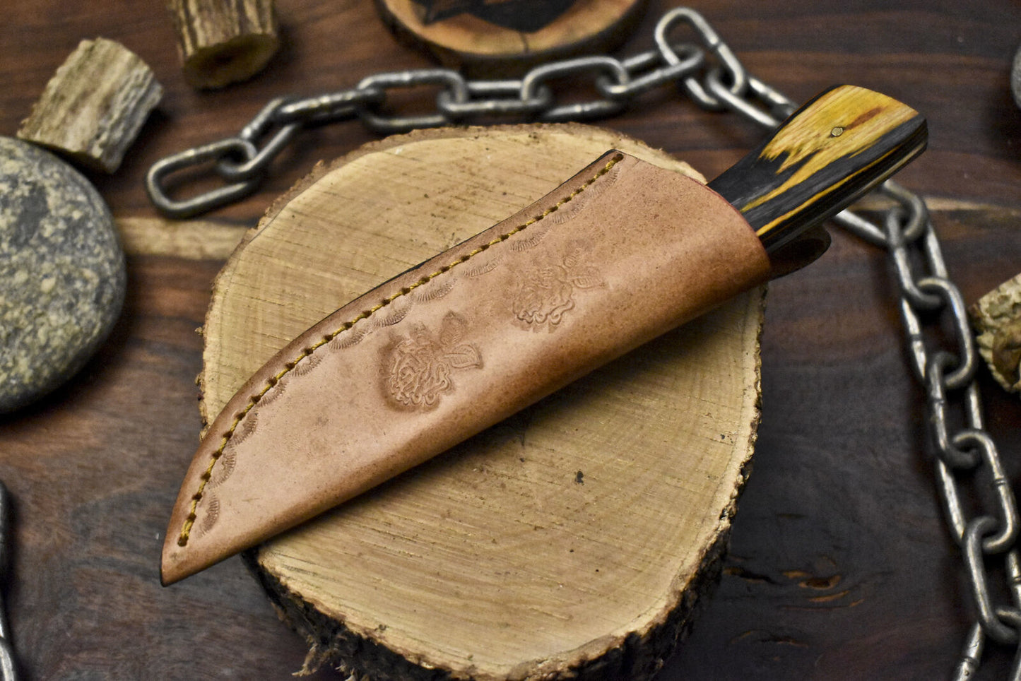 Custom Twist Damascus Skinner Knife with Hard Wood Handle & Wooden Bolster – 8 Inch Hunting Knife with Leather Sheath