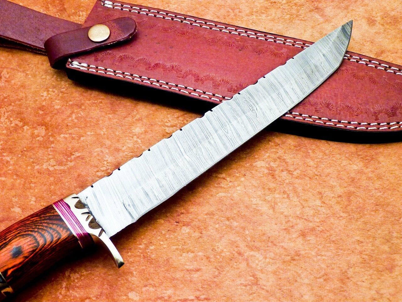 13 Inch Handmade Damascus Bowie Knife with Hardwood and Natural Wood Handle